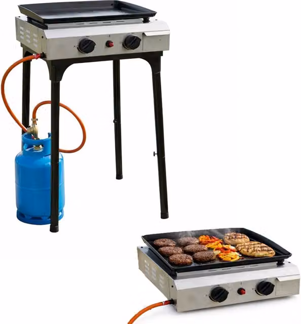 Barbecue a Gas SOLEILUX con 2 Bruciatori da 2.4kW e Plancha Smaltata, Colore Argento, Portatile da Appoggio o con Piedistallo, Accensione Piezo e Vassoio Raccogli Grasso – 1