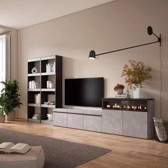 Mobile TV da soggiorno Skraut Home con camino elettrico e illuminazione integrata, grigio cemento, L: 370 cm, P: 35 cm, H: 186 cm – 1