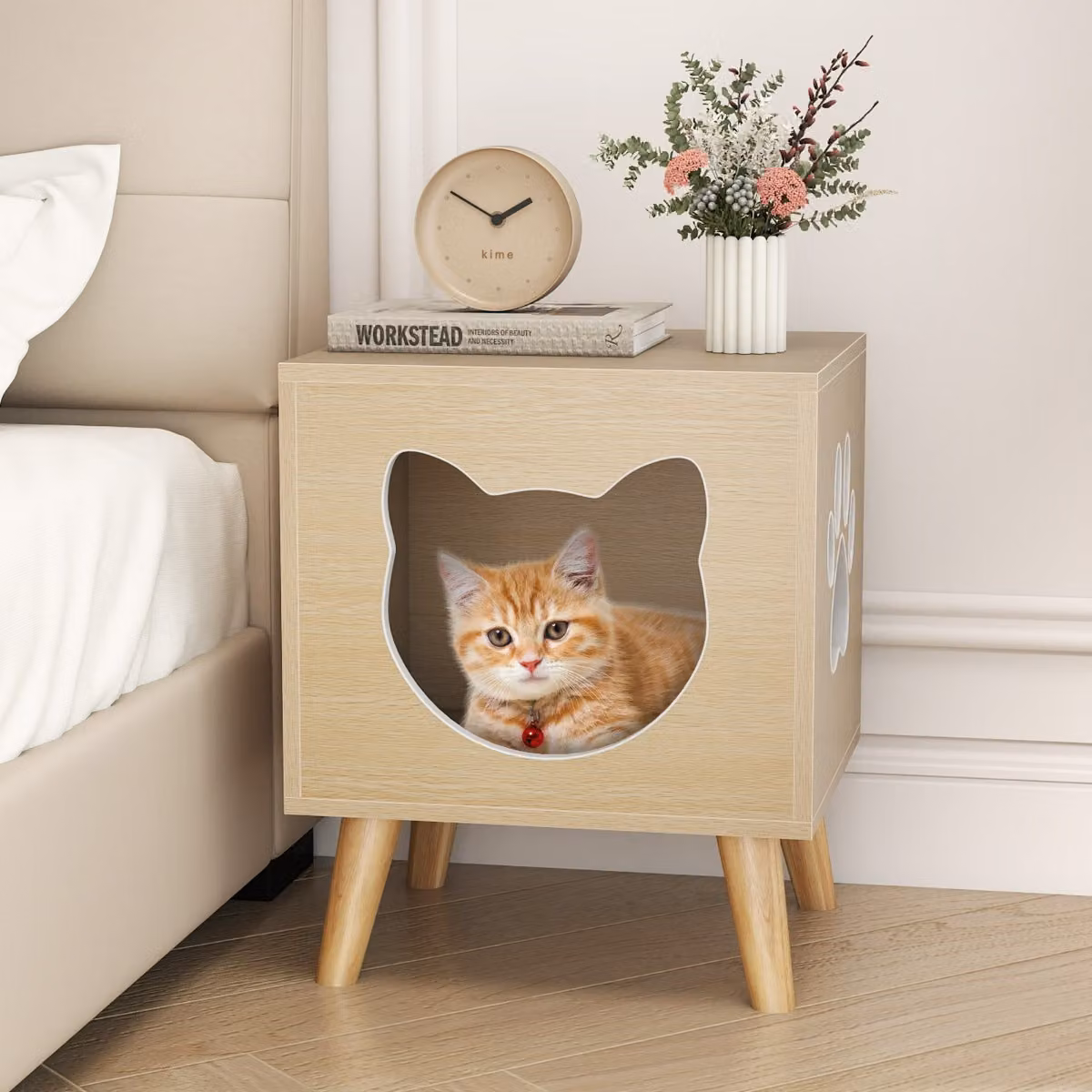Mobile per lettiera per gatti Costway moderno in MDF beige con tetto rimovibile e finestra a forma di zampa