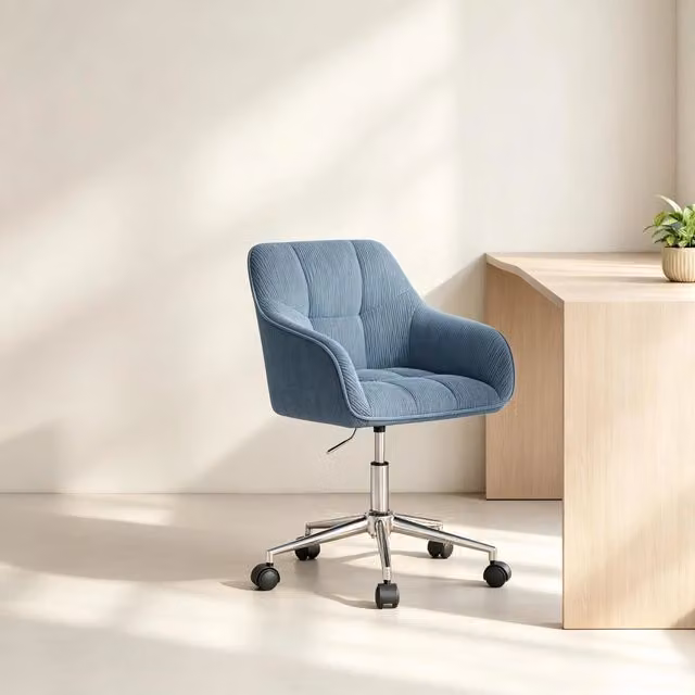 Sedia da Ufficio Ergonomica Girevole in Velluto a Coste Blu con Braccioli e Base in Metallo – 1