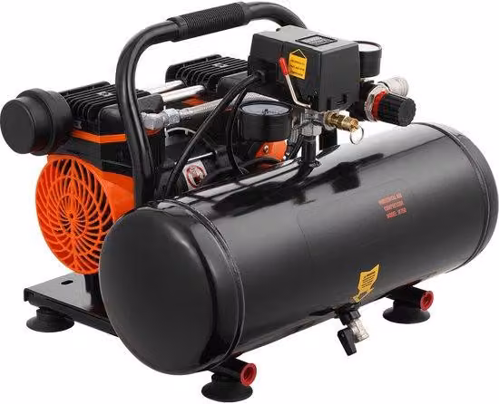 Compressore d'aria portatile senza olio - Serbatoio in acciaio da 2 galloni - Motore da 1 HP - Flusso d'aria: 2,5 CFM - Pressione massima: 8 bar / 120 PSI - Estremamente silenzioso: 81 dB