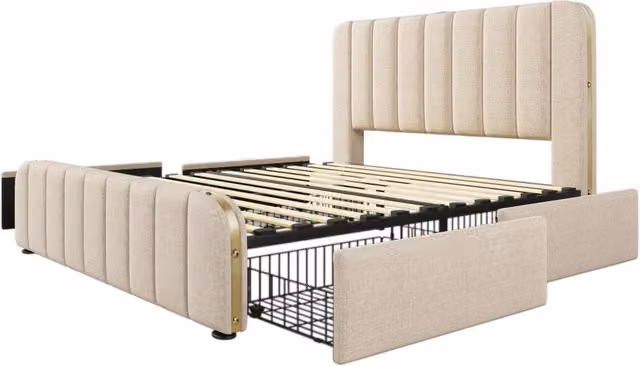 Letto imbottito 160x200 cm con testiera beige in lino, 4 cassetti, strisce dorate e porta USB Tipo-C