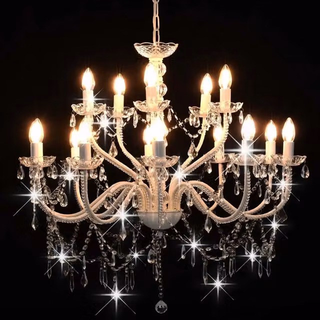 Lampadario a sospensione classico vidaXL in metallo bianco e cristallo trasparente con 15 lampadine E14