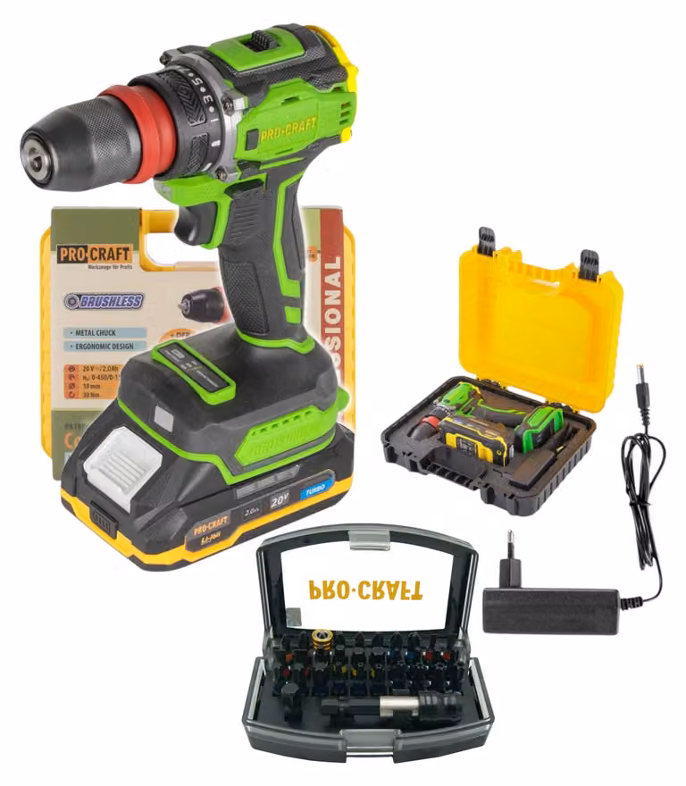 Procraft PA18PRO DFR-1B-C Avvitatore a batteria 20 V 30 Nm Brushless + 1x batteria 2,0 Ah + caricabatteria + valigetta