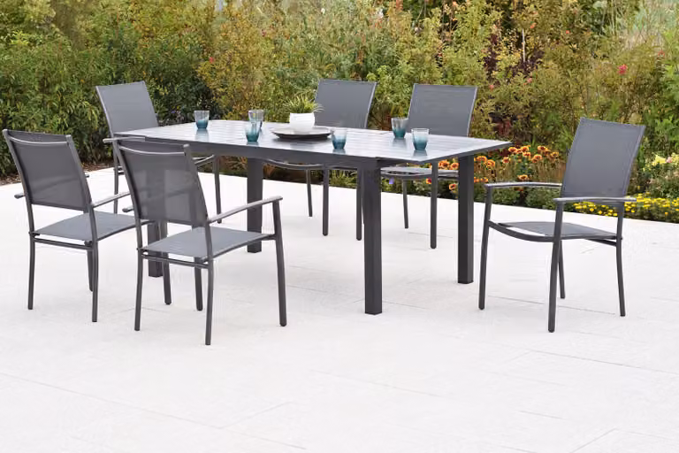 Set Merxx "Milano" da 7 pezzi, 6 sedie impilabili, tavolo allungabile 150 (210) x 90 cm, piano in alluminio, grigio, alluminio/tessuto