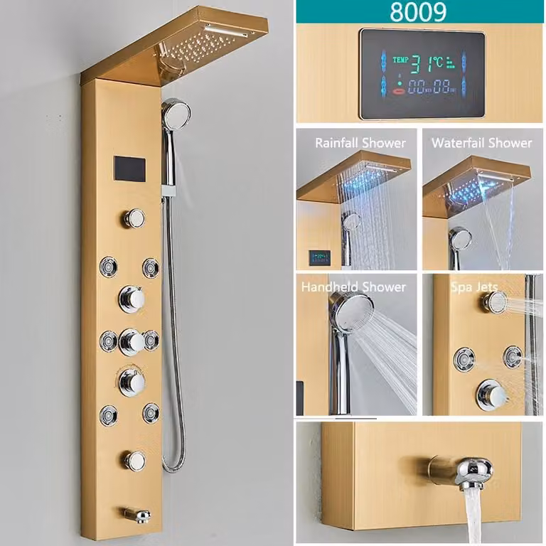Pannello doccia LED per vasca da bagno - Doccia a pioggia con getto a cascata e ingresso per vasca - Display digitale della temperatura - 4 getti massaggio - Acciaio inossidabile 304 - Oro, modello 8009