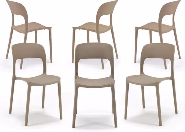 Set 6 sedie in polipropilene KATE, impilabile, resistente ai raggi UV, design moderno, ideale per sala da pranzo, cucina, sala d’attesa, bar, ristoranti o da esterno, colore Tortora