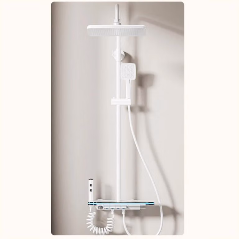 Set rubinetteria doccia, display digitale per la temperatura, regolabile in altezza, caldo freddo bianco