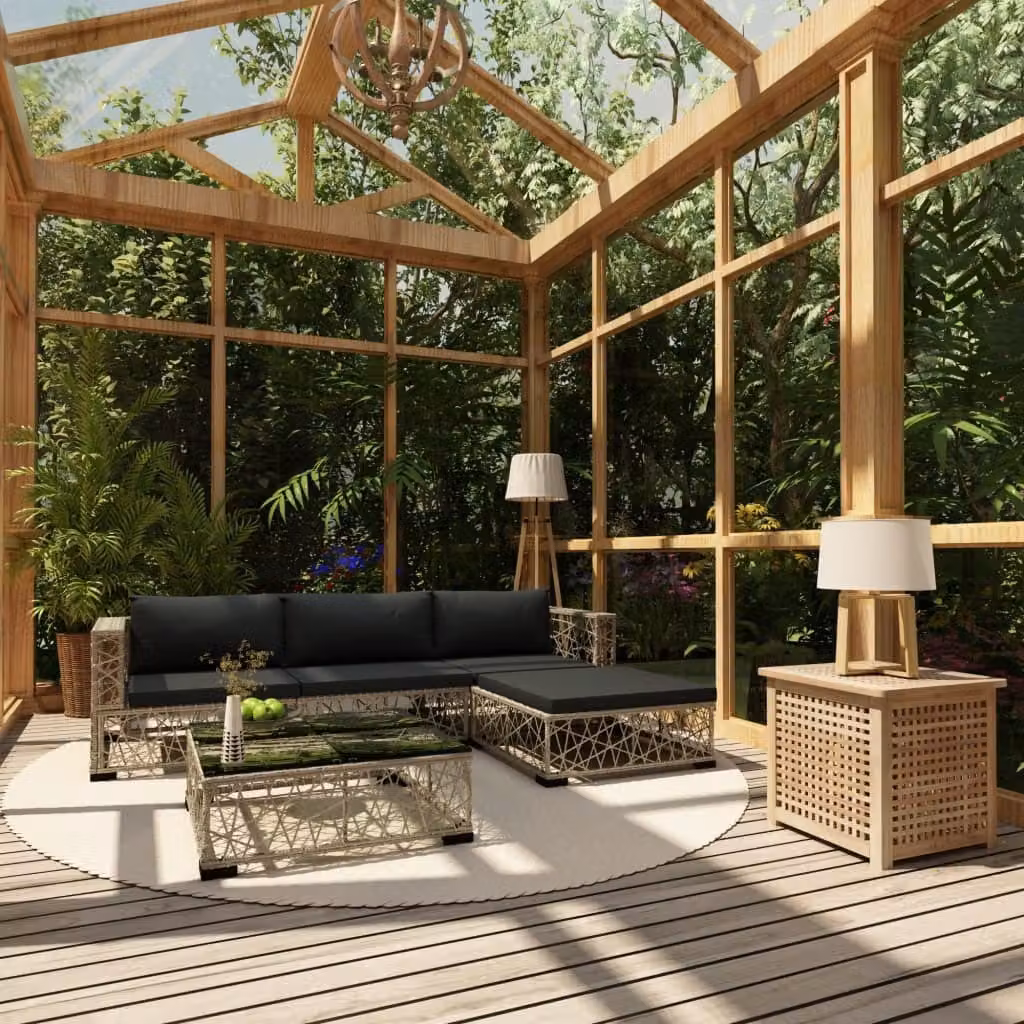 The Living Store Set da giardino 5 pezzi con cuscini in poly rattan grigio