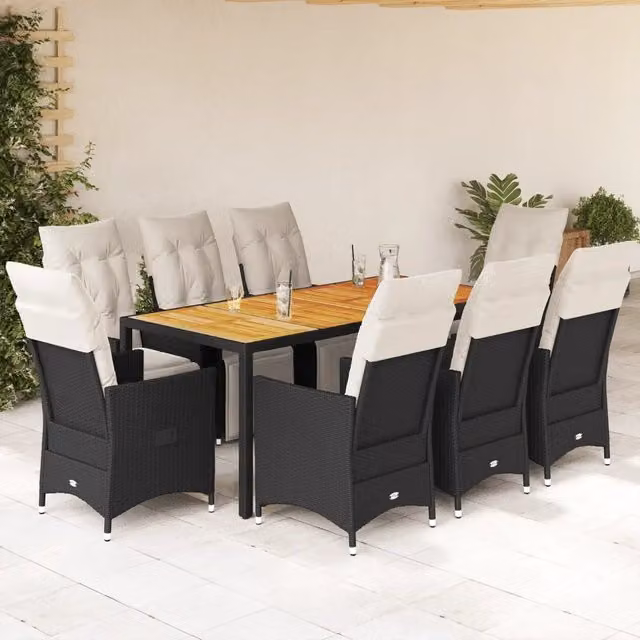 Set da pranzo da giardino vidaXL in legno di acacia e polyrattan nero e bianco con 9 pezzi