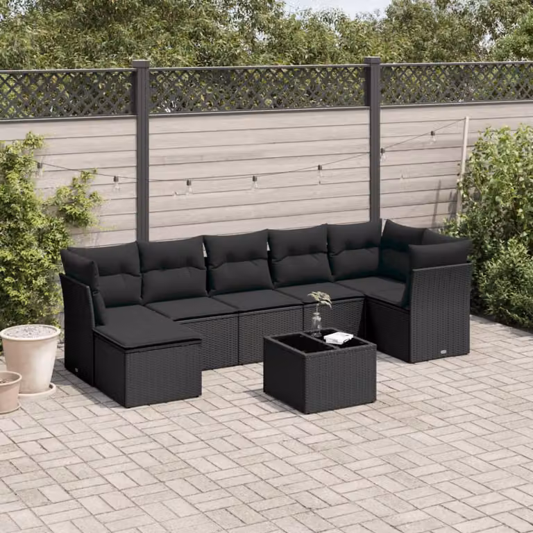 vidaXL Set Divani da Giardino a L con Cuscini 8 pz Nero in Polyrattan e Tavolino da Esterno