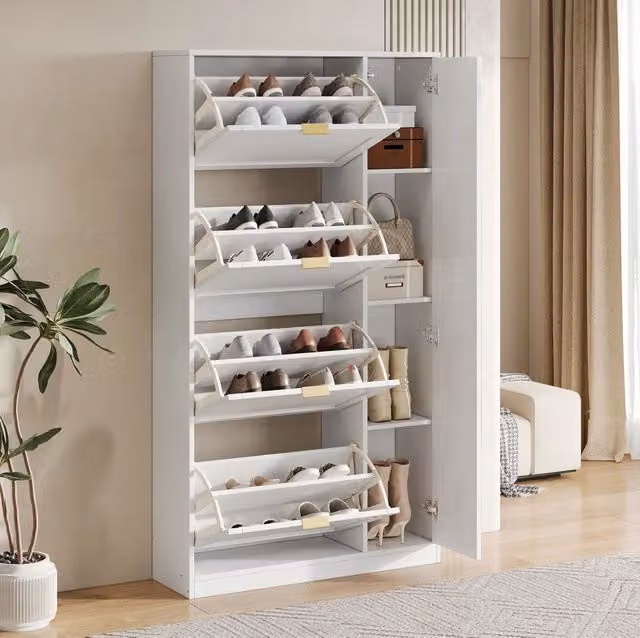 Scarpiera moderna bianca con specchio e ripiani interni L: 80 cm, P: 24 cm, H: 147 cm – 1