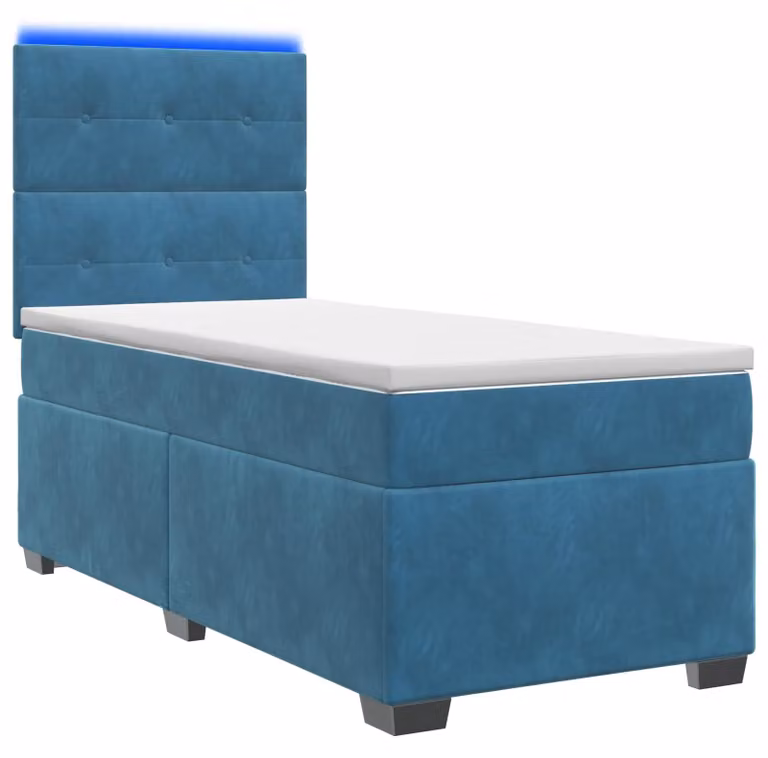 Letto boxspring con materasso e testiera blu, 100 x 200 cm, in velluto