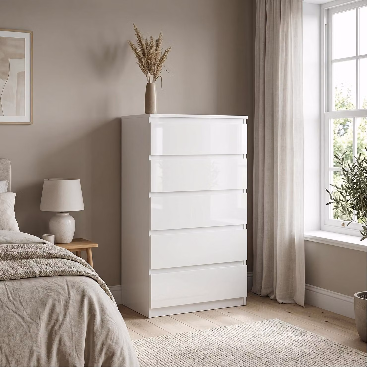 Comodà Masseno NUDO da 70 cm con 5 cassetti e ante, per soggiorno e camera da letto, stile moderno, 70x39x124,5 cm, bianco / bianco