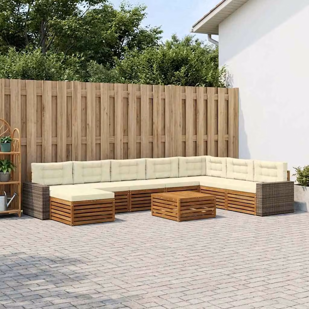 vidaXL Set di divani da esterno a L in legno di acacia con cuscini, 9 pezzi, Beige e Marrone