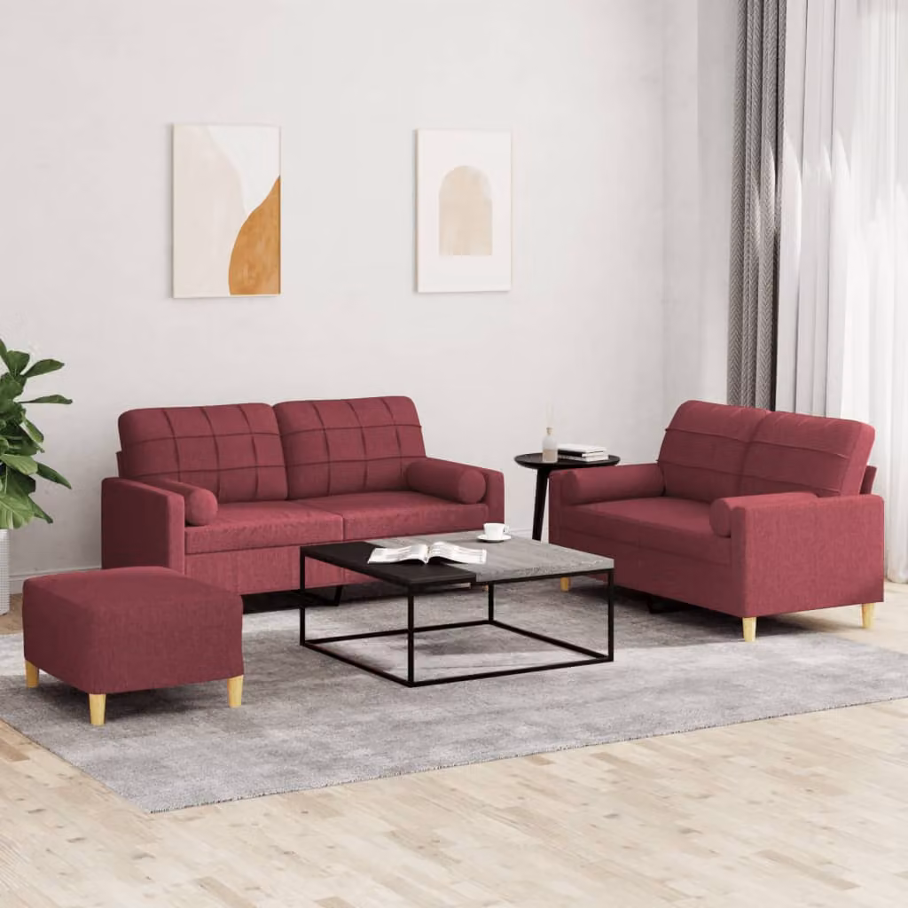Set di divani 3 pezzi vidaXL in tessuto rosso con cuscini per soggiorno – 1