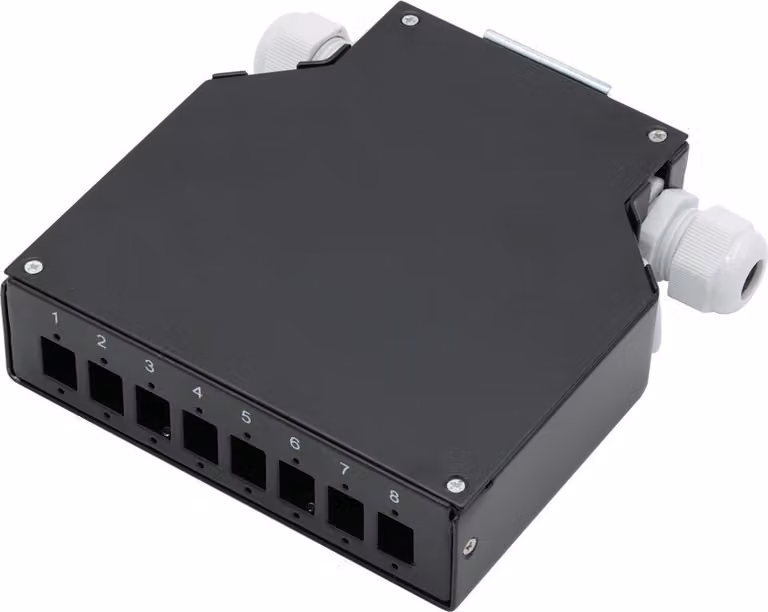 Centralino XtendLan mini su guida DIN, 8x SC Simplex, 4 fori di ingresso, cappuccio, nero