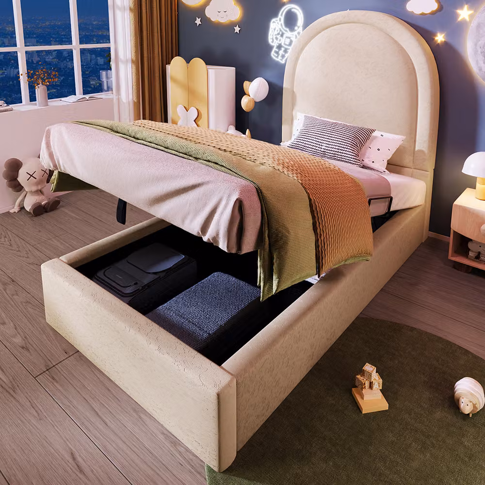 Letto imbottito Sweiko per bambini, letto singolo con motivo cosmico, 90 x 190 cm, beige,Poliuretanoper bambini e bambine (senza materasso)