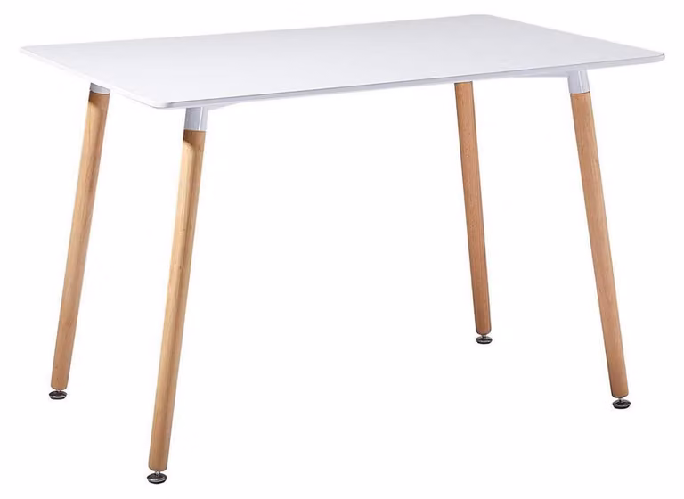 Tavolo da pranzo rettangolare per 4 persone, dimensioni 110x70 cm, bianco, gambe in legno, piano in MDF impiallacciato in noce