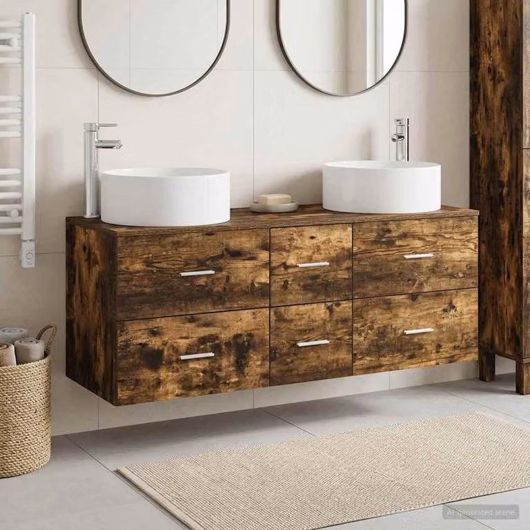 Set di mobili da bagno moderni vidaXL in legno marrone con dettagli argento, composto da 3 pezzi sospesi