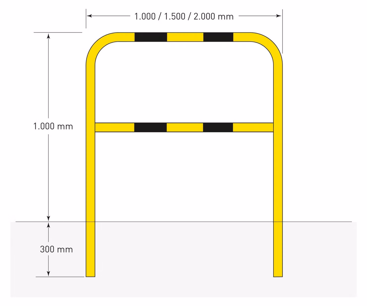 Barra di protezione Moravia per esterni, nera/gialla, 1300 x 1000 mm, montaggio a parete tramite manicotto a innesto