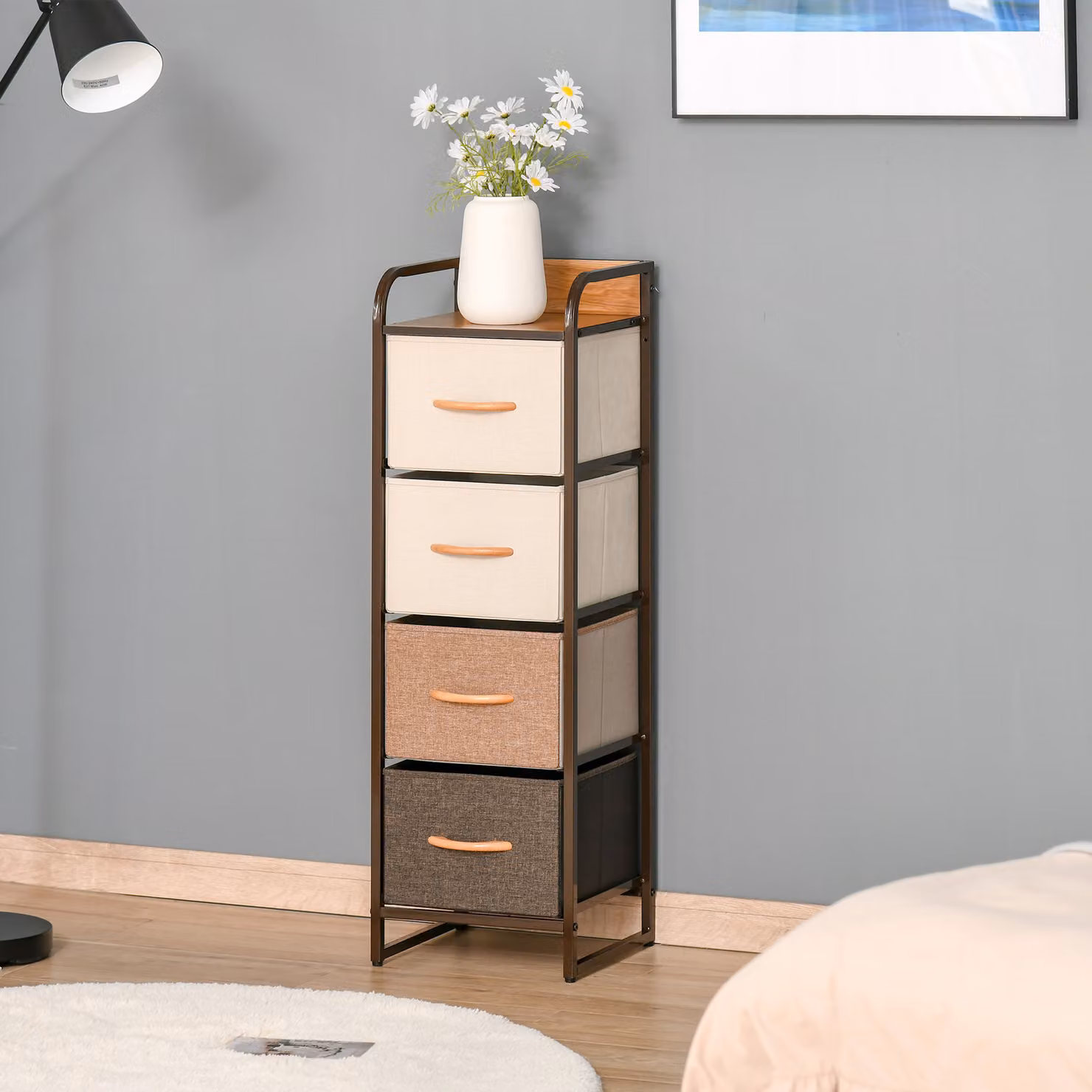 Cassettiera pieghevole HOMCOM con 4 cassetti in tessuto, struttura in legno e metallo, Multicolore, L: 31 cm, P: 29 cm, H: 99 cm – 2