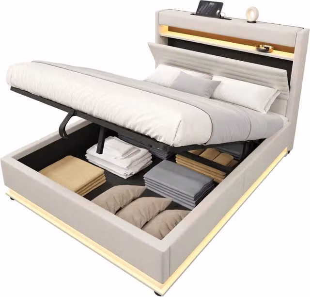 Letto imbottito 140x200 cm con contenitore idraulico, LED, ricarica USB e Type-C, testiera imbottita in tessuto beige, senza materasso