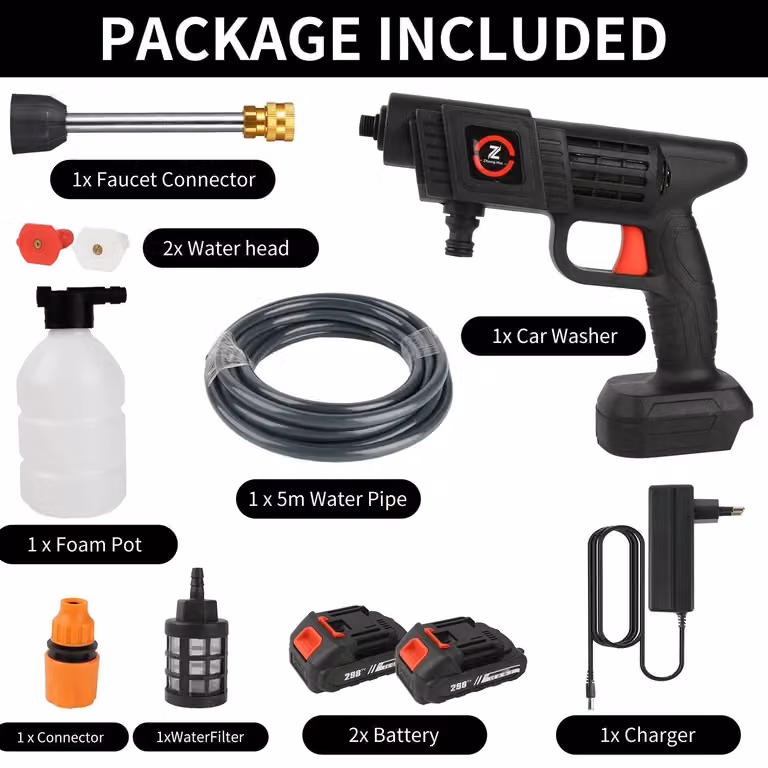 Idropulitrice a batteria - Pistola per il lavaggio auto - 70 bar - 10000 mAh - 2 batterie - Con tubo per l'acqua - Generatore di schiuma