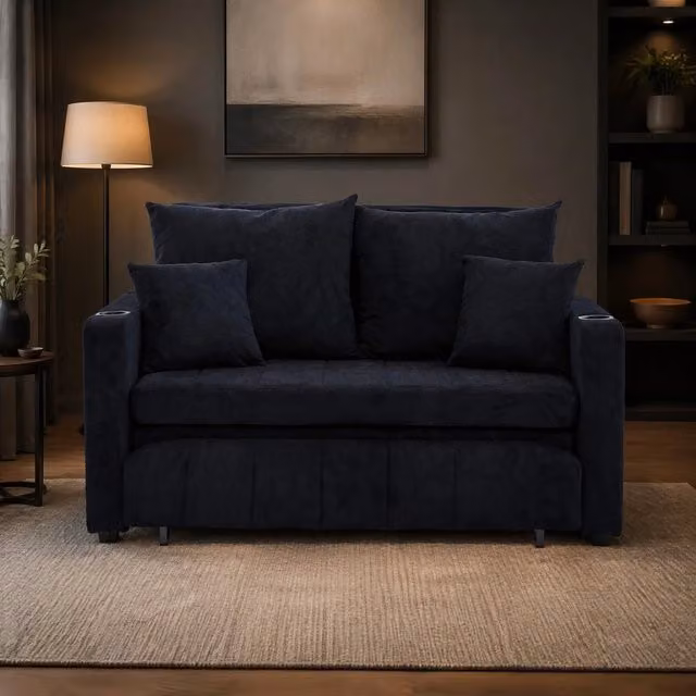 Divano letto multifunzione in ciniglia nera 139x83x58 cm; con tasche laterali e cuscini