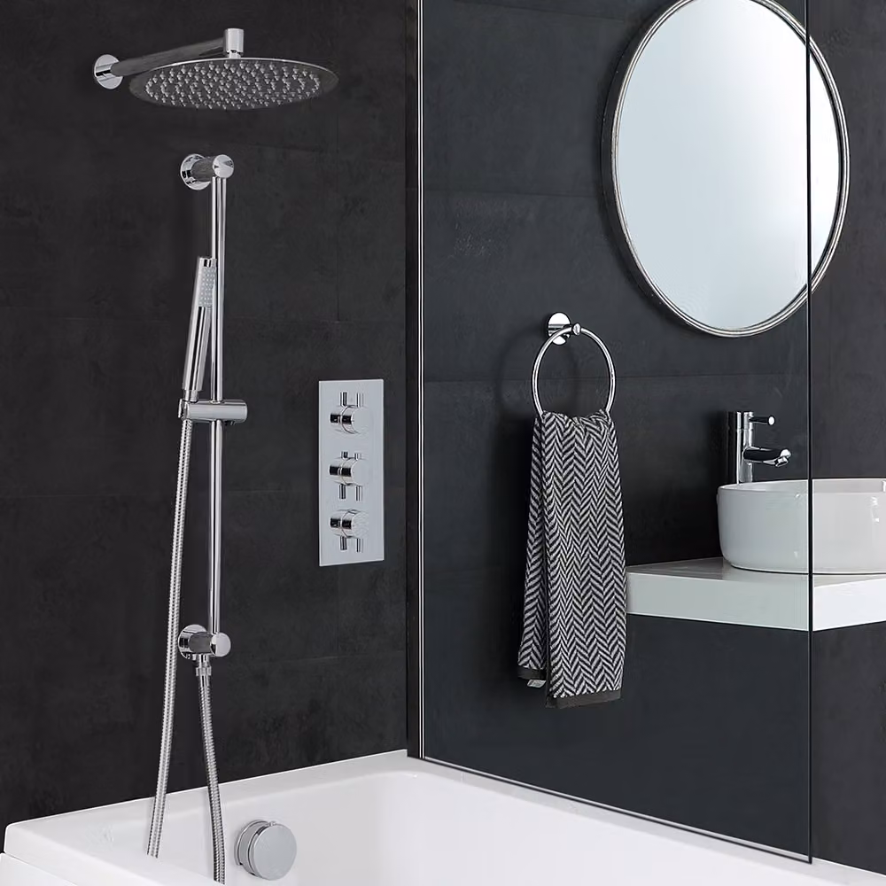 Set Doccia Termostatica Mirage con Miscelatore, Soffione da 300 mm, Asta Saliscendi, Erogatore Vasca e Doccetta con Funzione Massaggio in Colore Cromo