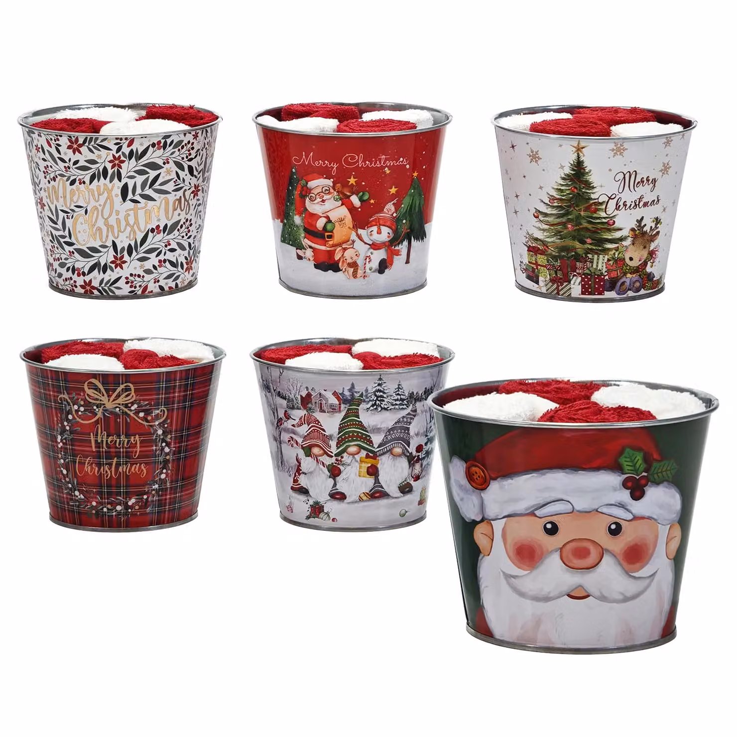 Vestiamo Casa Gran Natale - Set di 4 Lavette Natalizie con Cestino in Metallo Decorato, Rosso, Bianco e Multicolore – 1