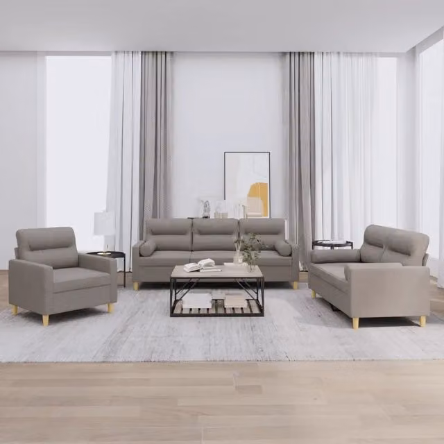 Set di divani 3 pezzi vidaXL in tessuto beige con cuscini per soggiorno moderno – 1