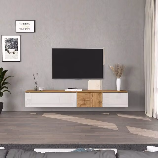 WHOUS Mobile porta TV sospeso Iseo con 2 ante e 1 ribalta bianco lucido e rovere 200x35x30 cm