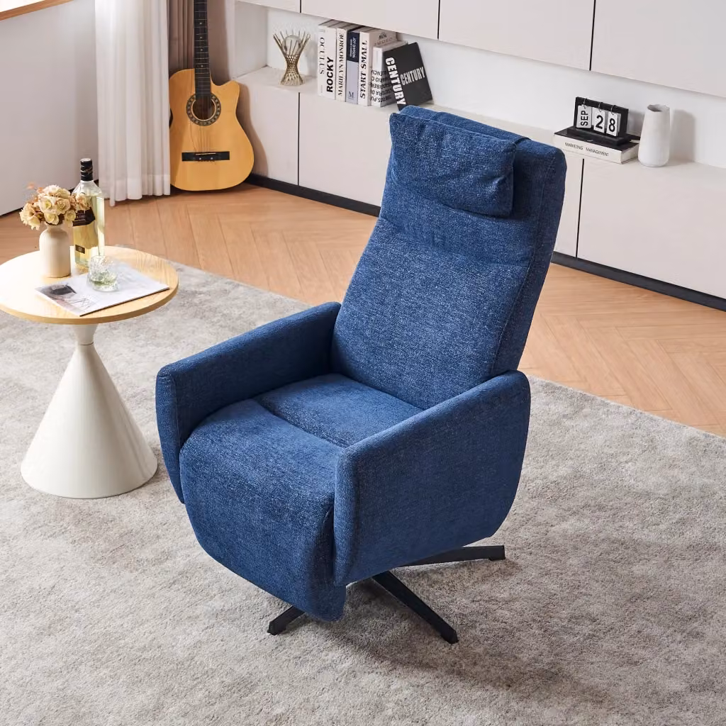 Poltrona reclinabile relax MIVRAY in tessuto chenille blu con schienale regolabile, poggiapiedi e rotazione a 360°, L: 110 cm, P: 80,5 cm, H: 67 cm – 2