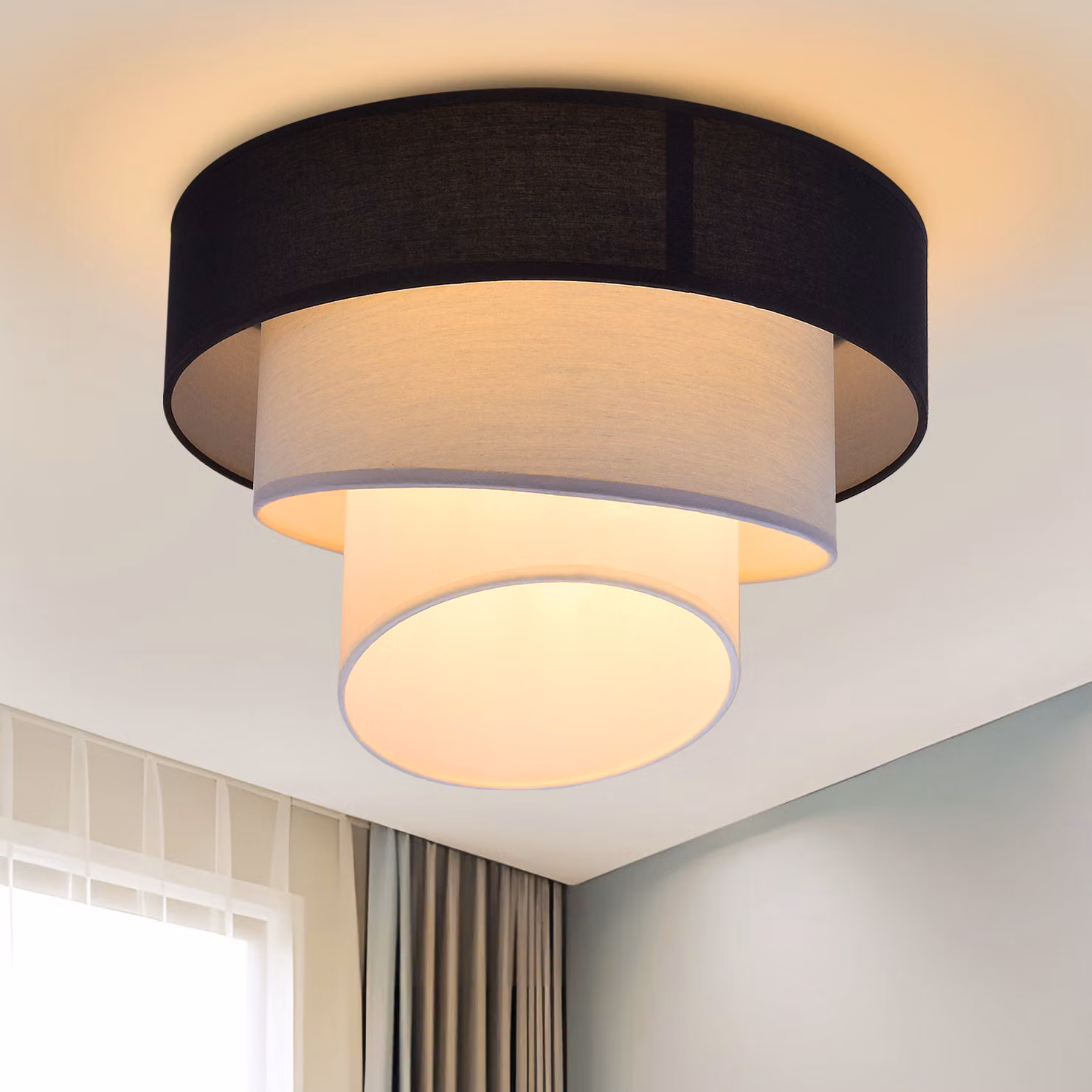 ZMH plafoniera soggiorno plafoniera in tessuto 40 cm bianco caldo camera da letto luce E27 moderno nero (senza lampadina)