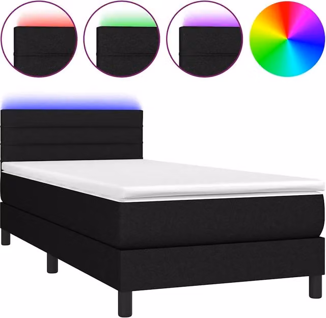 Letto singolo | Letto per adulti | Letto a Molle con Materasso e LED Nero 90x200 cm in Tessuto