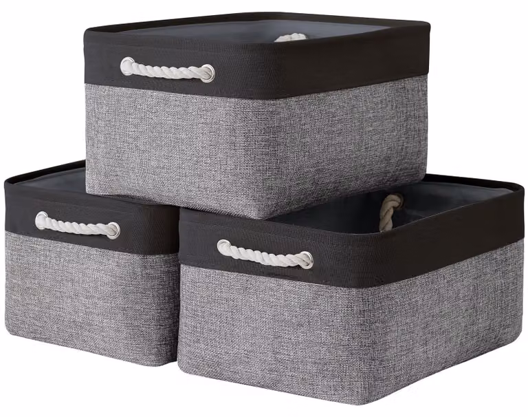 Contenitore per la conservazione, dimensioni 40,6 x 30,5 x 20,3 cm, confezione da 3, cesti in tessuto, con corda, per giocattoli, colore nero