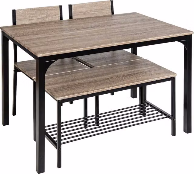 Costway Set da Cucina e Sala da Pranzo in Stile Industrial con Tavolo Rettangolare, 2 Sedie e 1 Panca, Colore Grigio e Marrone