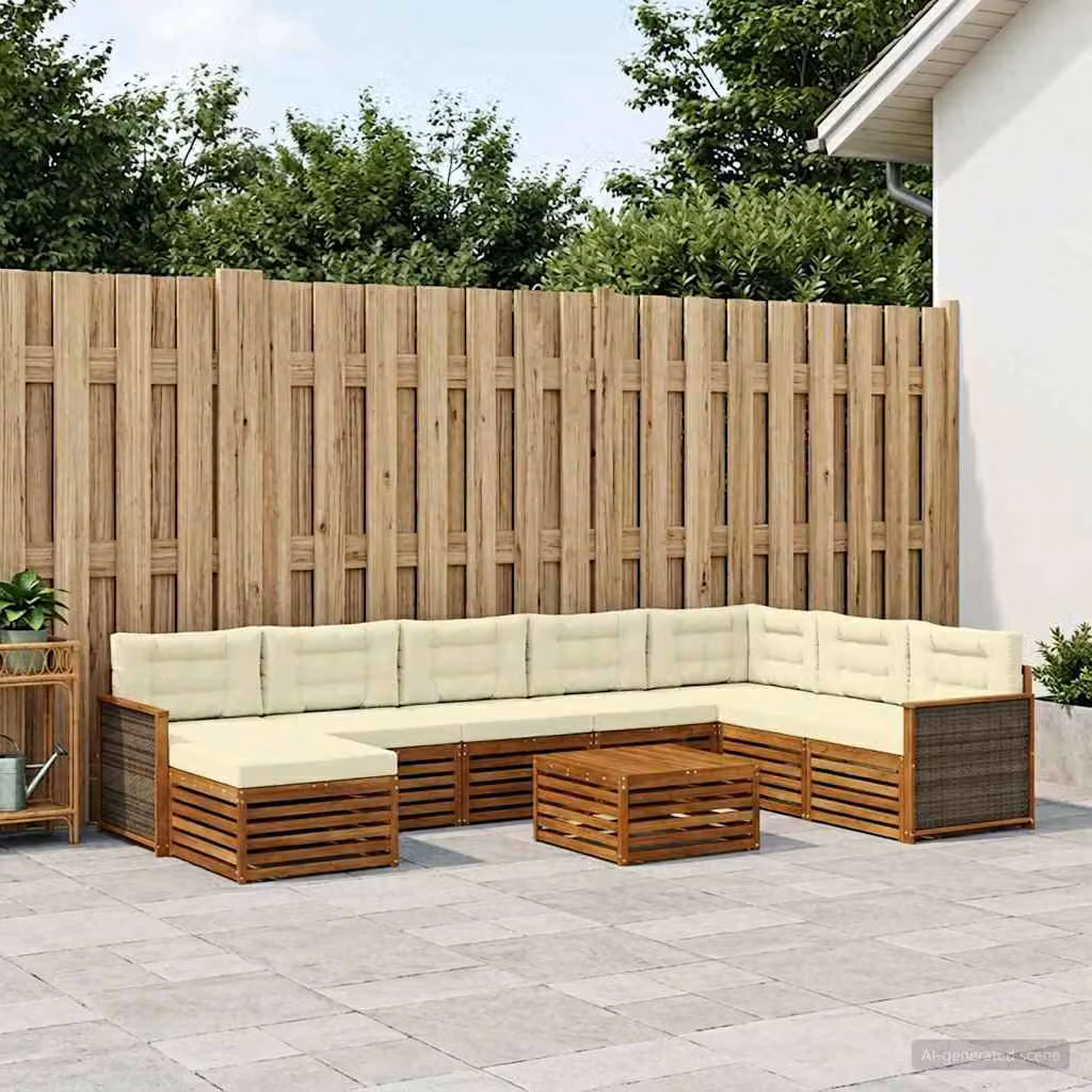 Set di divani da esterno vidaXL 9 pz a forma di U in legno di acacia con tavolino e pouf, beige e bianco