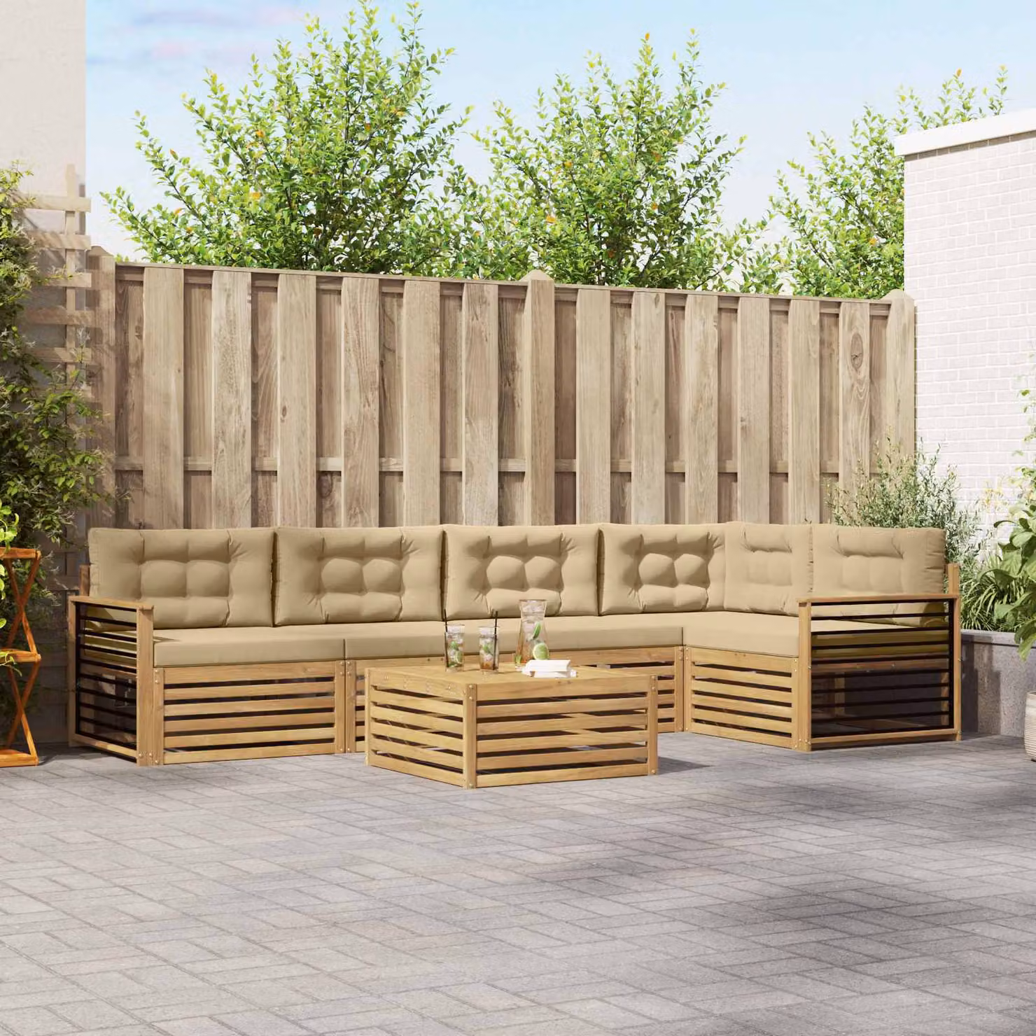 Set di divani da esterno vidaXL 6 pz in legno di acacia con tavolo da caffè, colore bianco, beige e marrone
