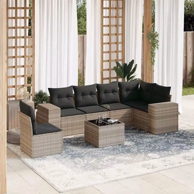 Set da giardino moderno vidaXL composto da 7 pezzi con poltrona lounge, elementi angolari e tavolino da caffè in rattan grigio con cuscini inclusi