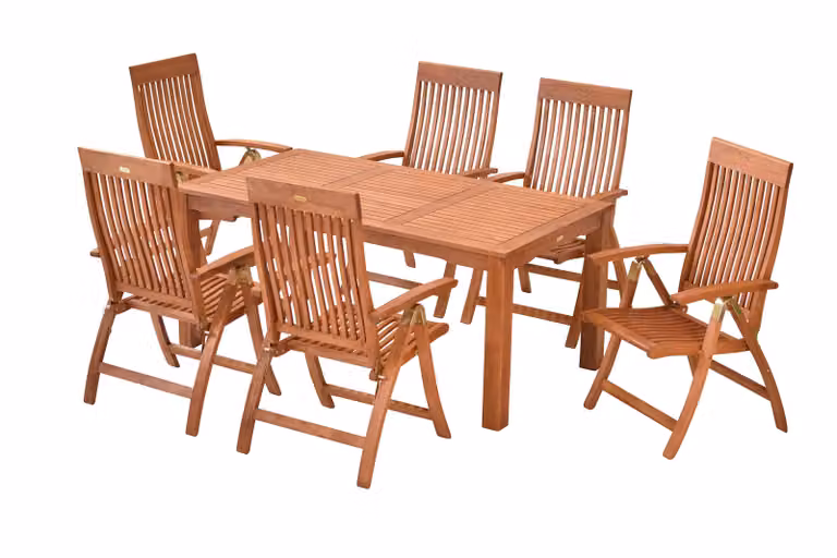 Merxx Set Comodoro 7 pezzi, 6 sedie pieghevoli Comodoro, regolabili in 5 posizioni, 1 tavolo, 170 x 90 cm, eucalipto