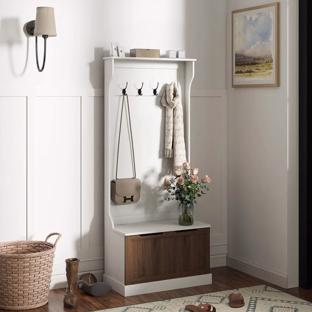 Mobile Appendiabiti 3 in 1 Giordanoshop con Panca Contenitore e 4 Ganci, Bianco e Marrone, L: 71,5 cm, P: 39,5 cm, H: 170 cm – 2