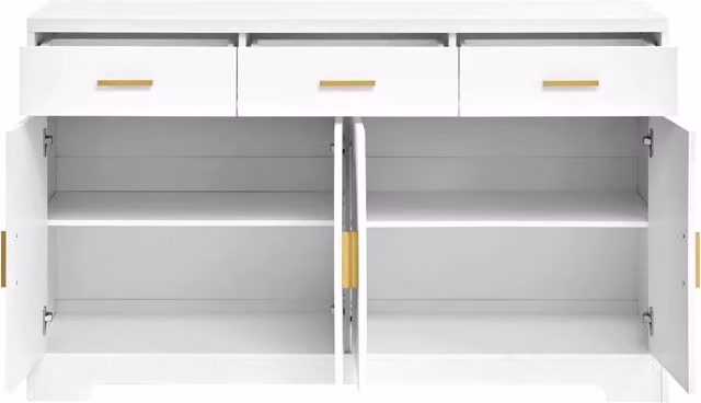 Credenza moderna per soggiorno in MDF con 4 ante, 3 cassetti e ripiani regolabili, colore bianco e oro, L 140 cm x P 40 cm x H 83 cm