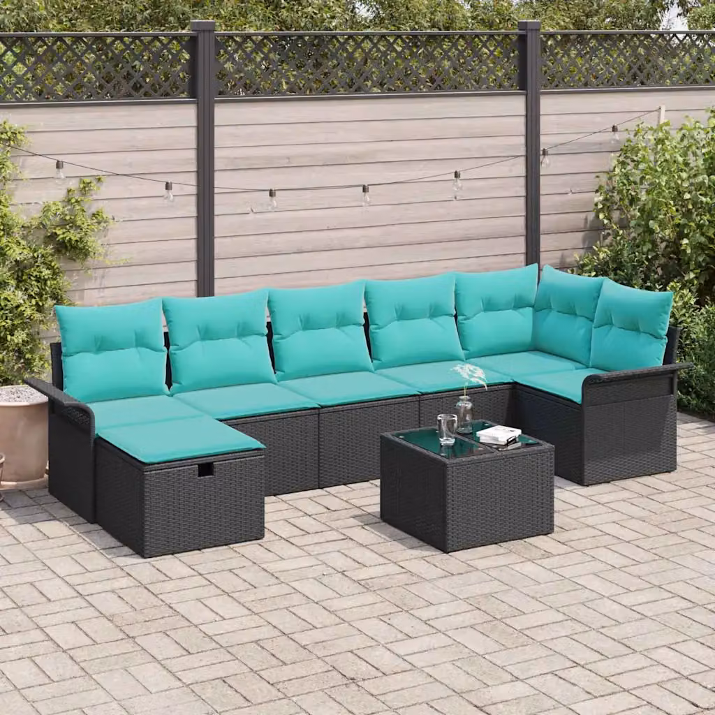 Set Divano da Giardino 8 pz vidaXL in Poly Rattan con Cuscini e Tavolino, Design Moderno a L, Colori Grigio, Beige o Turchese