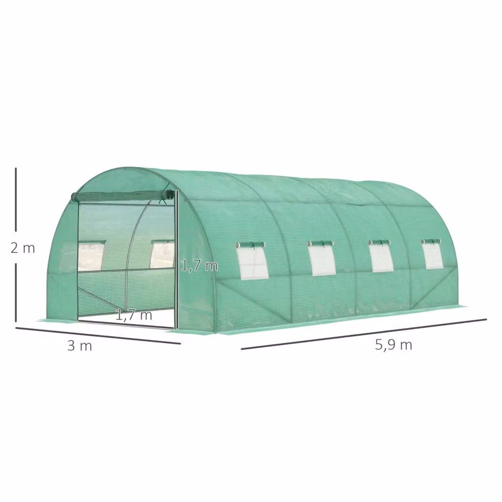 Serra a tunnel WISHDOR verde con struttura in acciaio e copertura in plastica, porta con zip e finestre, L: 590 cm, P: 300 cm, H: 200 cm – 2