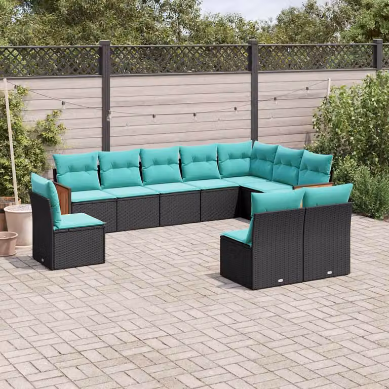 Set di divani da giardino vidaXL in polyrattan nero con cuscini, composizione a forma di U per esterno