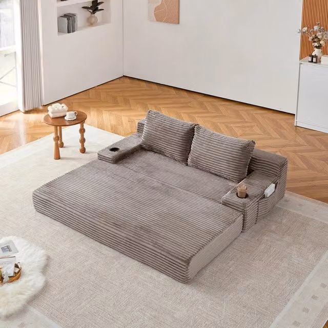 Divano letto 2 in 1 Minimal in tessuto beige con cuscini, portabicchieri e tasche portaoggetti – 1