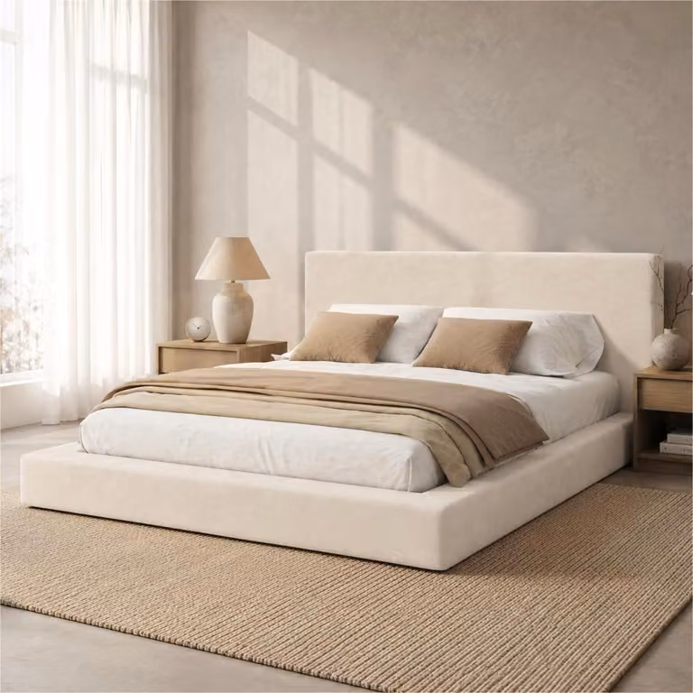 Letto imbottito Flieks 180x200 cm con rete a doghe, letto matrimoniale. Letto classico con testiera imbottita. Letto per ragazzi, struttura in legno con rivestimento in chenille, color beige