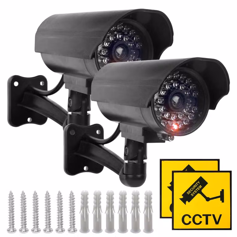 Telecamera finta, confezione da 2: telecamera di sicurezza falsa per esterni, con luce LED rossa lampeggiante